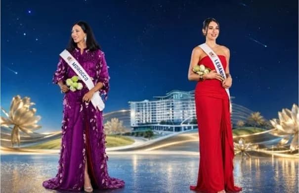 بيرلا حرب بالقفطان المغربي وشريهان شركي بالفستان الأحمر في حفل أوشحة ملكة جمال العالم