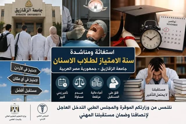طلبة أردنيون بطب أسنان الزقازيق يناشدون الجهات المعنية لحل أزمة سنة الامتياز