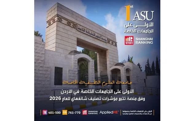 العلوم التطبيقية الخاصة تتصدر الجامعات الأردنية الخاصة وتحل ثانية وطنيًا في مؤشرات شنغهاي 2026